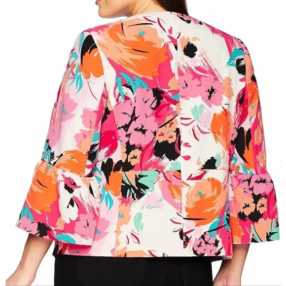 NEW Nine West Women’s Size 12 Ruffle Sleeve Pink Floral Blazer Jacket - Picture 2 of 7